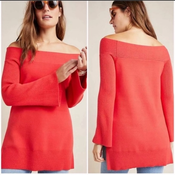 Anthropologie Sweaters - Anthropologie Elise Ribbed Off the Shoulder Tunic Sweater Red Sz M